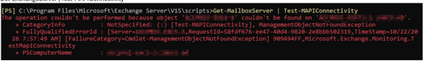 Capture d'écran d'une erreur dans PowerShell concernant une opération échouée pour l'objet 'MAPIConnectivity' dans un script sur un serveur Exchange.